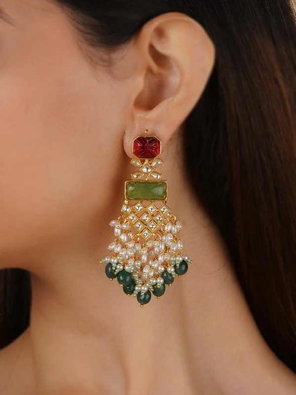 Classic women's earrings -Multicolor Gold Plated Thappa Jadau Kundan Earrings - TJ-E121M