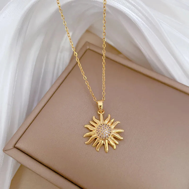 Women’s handmade necklaces-Titanium Steel Copper Gold Plated Cute Modern Style Classic Style Inlay SUNFLOWER (Jz001) Zircon Pendant Necklace