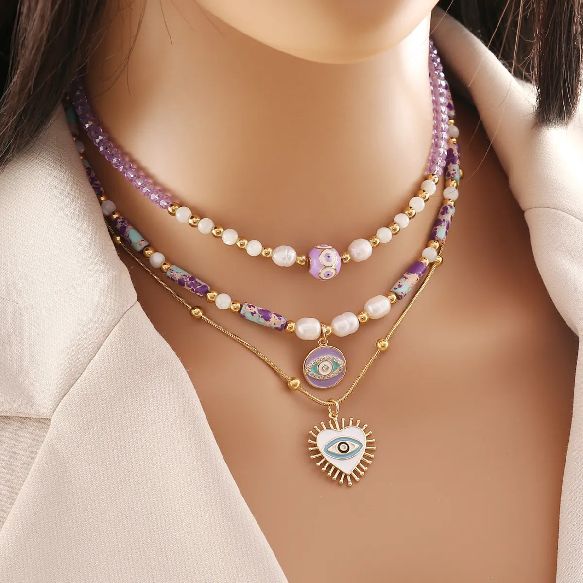 Women’s heart-shaped necklaces-1 Piece Bohemian Heart Shape Eye Stainless Steel Natural Stone Beaded Plating Necklace