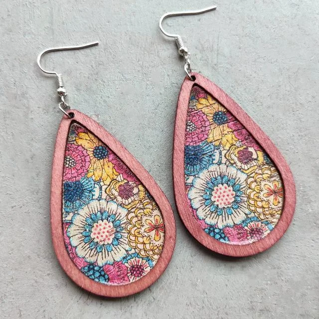 Silver women's earrings -Beautiful Colorful Floral Wood Drop Earrings