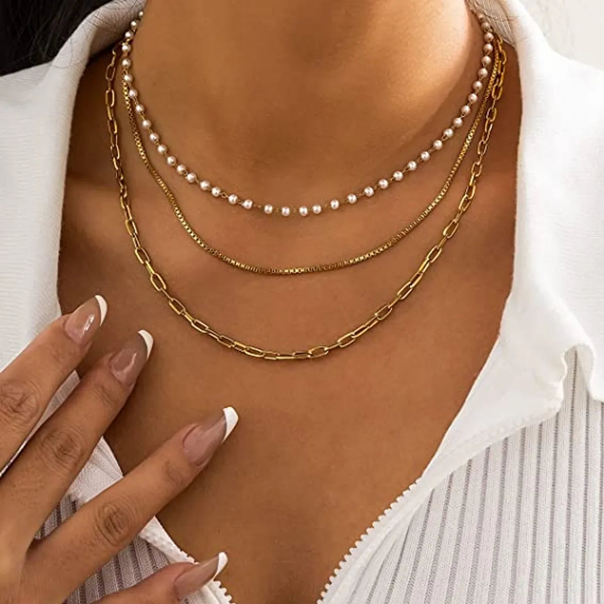 Women’s handmade necklaces-Fashion 18k Gold Stainless Steel Small Pearl Chain Three-layer Necklace Women