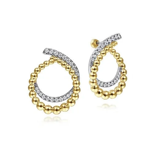 Handmade woven earrings for women -14K Yellow Gold Bujukan Open Double Row Ball and Diamond Bypass Hoop Earrings