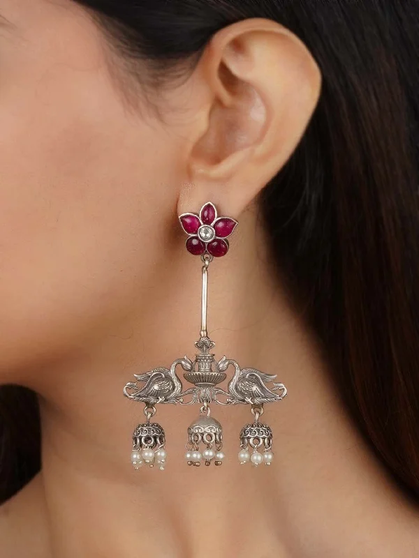 Sterling silver women's earrings -Pink Color Silver Plated Tribal Earrings - EK-SFEAR361P