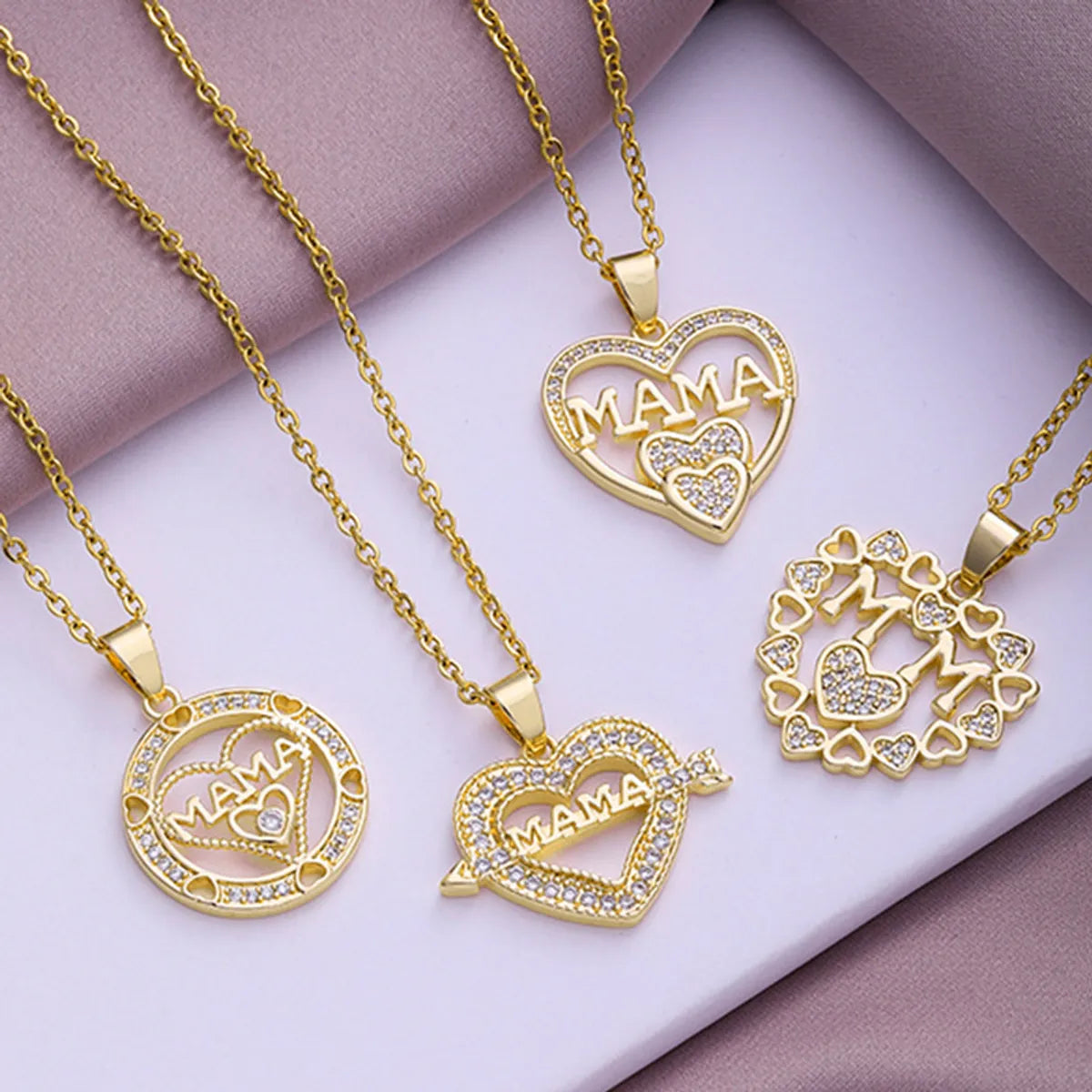 Women’s love pendant necklaces-Fashion Mama Letter Heart Shape Stainless Steel Rhinestone Plating Inlay Zircon 18k Gold Plated Pendant Necklace