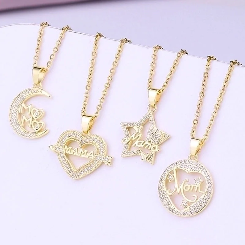 Women’s designer necklaces-Fashion Mama Letter Heart Shape Stainless Steel Rhinestone Plating Inlay Zircon 18k Gold Plated Pendant Necklace