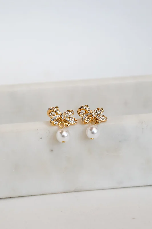 Women's earrings for summer -Harlow Gold Rhinestone Pearl Bow Earrings