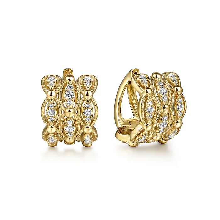 Trendy women's earrings -14K Yellow Gold Bujukan Multi Row Diamond Huggie Earrings