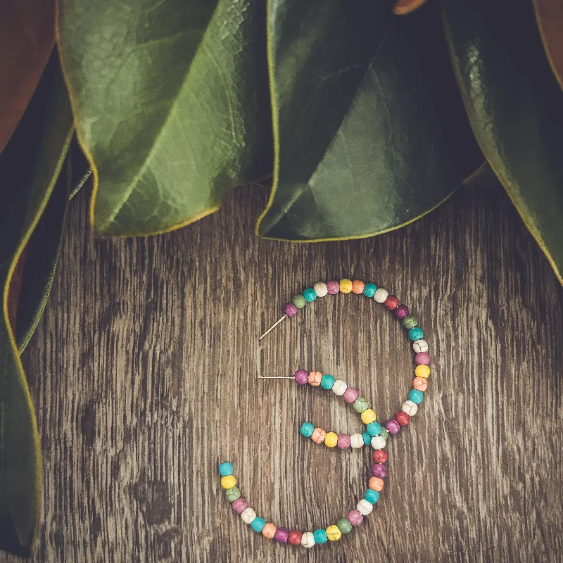 Silver women's earrings -Beautiful Colorful Beaded Hoop Earrings