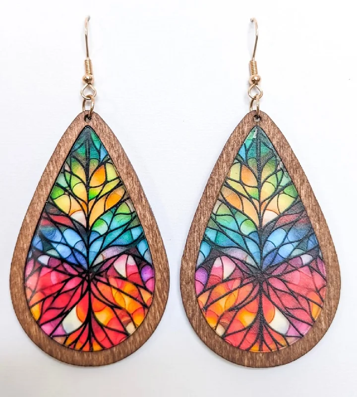 Designer women's earrings -Beautiful Wood and Stained Glass Effect Earrings