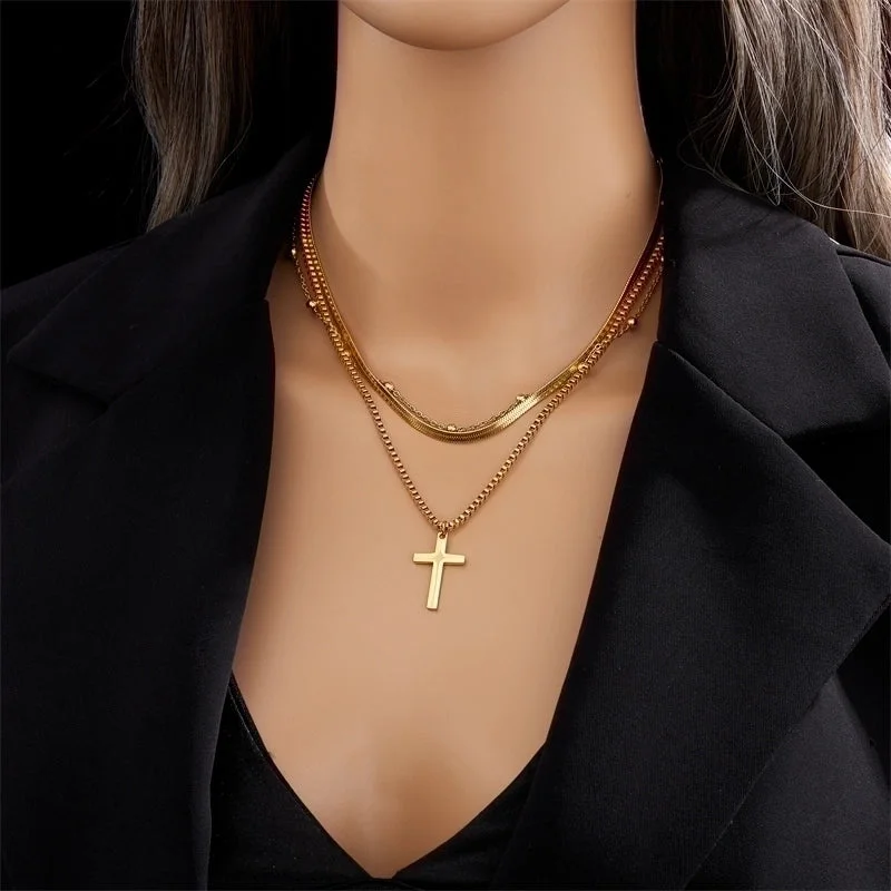 Women’s pearl necklaces-Vintage Style Cross Titanium Steel Gold Plated Layered Necklaces 1 Piece