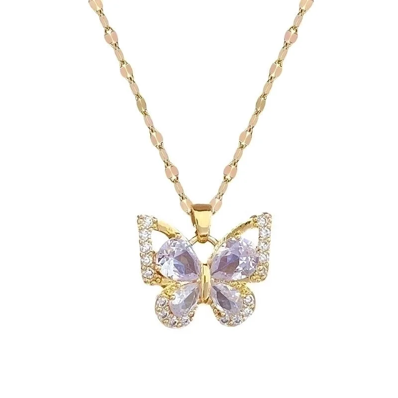 Women’s pendant necklaces-Wholesale Lady Butterfly Titanium Steel Plating Inlay Zircon Earrings Necklace