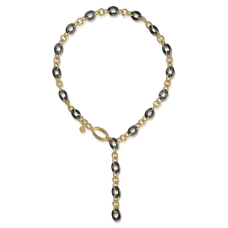 Women’s crystal necklaces-Gabriel 14K Yellow Gold Hollow Tube & Black Oval Ceramic Y-Knots Necklace