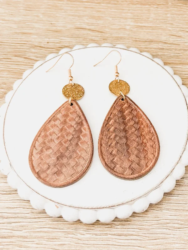 Women's earrings for autumn winter -Beautiful Patterned Brown Wood and Gold Drop Earrings