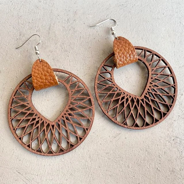 Big women's fashion earrings -Beautiful Large Wood and Leather Earrings