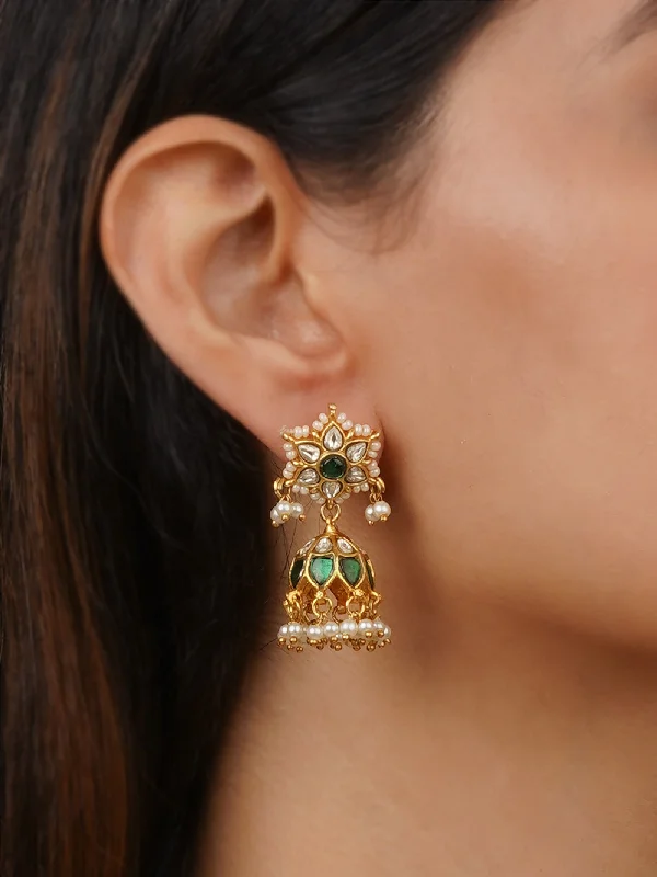 Long drop earrings for women -Green Color Gold Plated Jadau Kundan Earrings - ME1266WGR