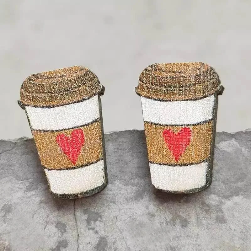 Summer trendy earrings for women -Adorable "I Heart Coffee" Wood Coffee Cup Stud Earrings