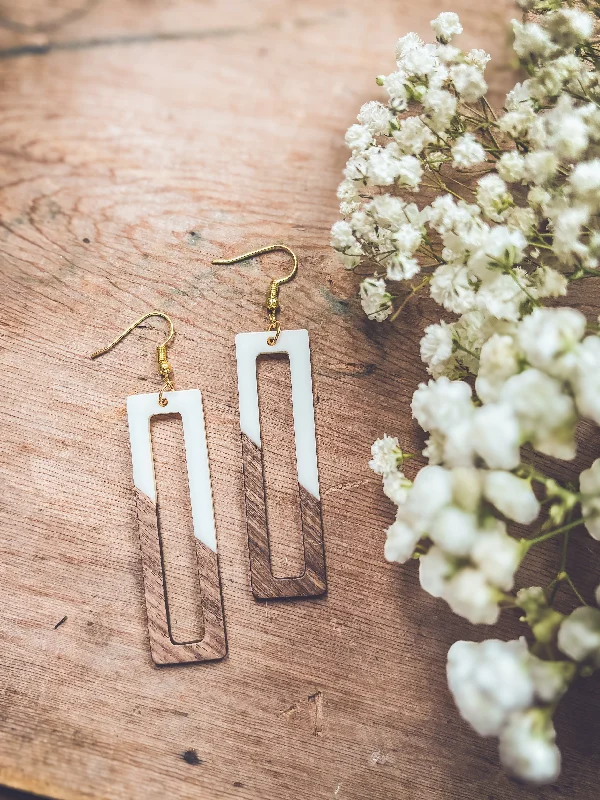 Party earrings for women -Rectangular White Resin and Wood Earrings