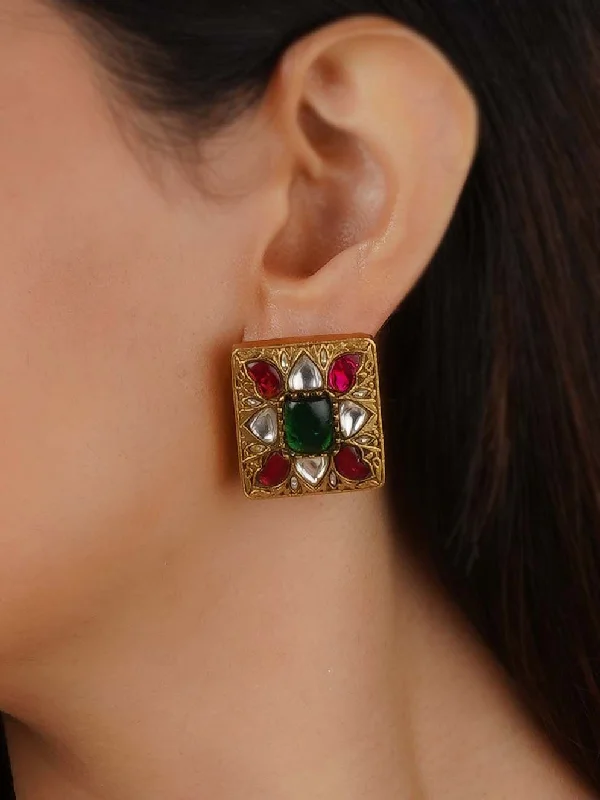 Red women's earrings -Multicolor Gold Plated Thappa Jadau Kundan Earrings - TJ-E120M