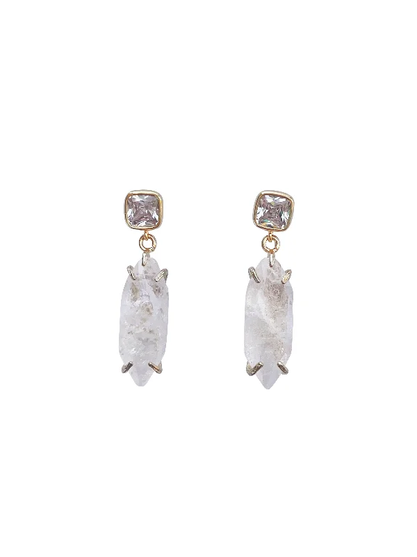 High-end custom women's earrings -Crystal Square Stud with Rough Crystal Drops