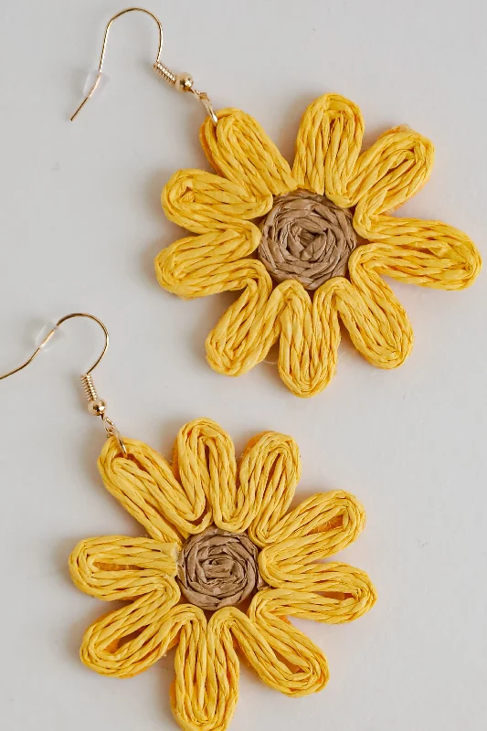 New women's earrings -FINAL SALE - Audrey Yellow Straw Sunflower Statement Earrings