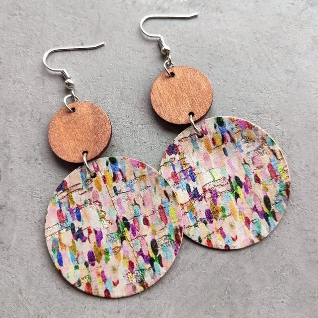 Party earrings for women -Beautiful Wood and Cork Color Splash Earrings