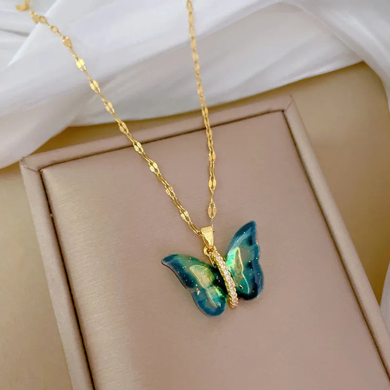 Women’s sapphire necklaces-Titanium Steel Copper Gold Plated Inlay Butterfly Zircon Pendant Necklace