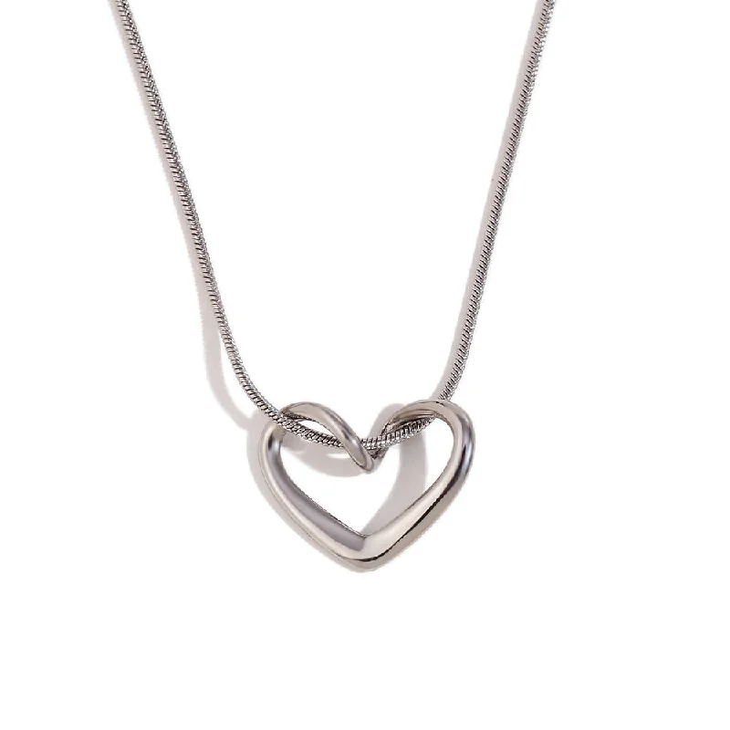 Thin Snake Chain Minimalist Peach Heart Pendant Necklace - Steel Color