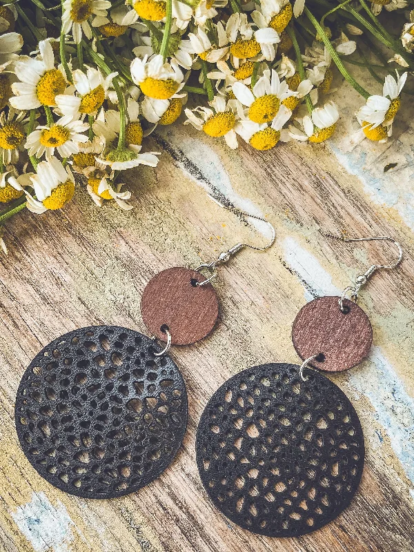 Earrings for everyday wear -Beautiful Black Leather and Wood Earrings