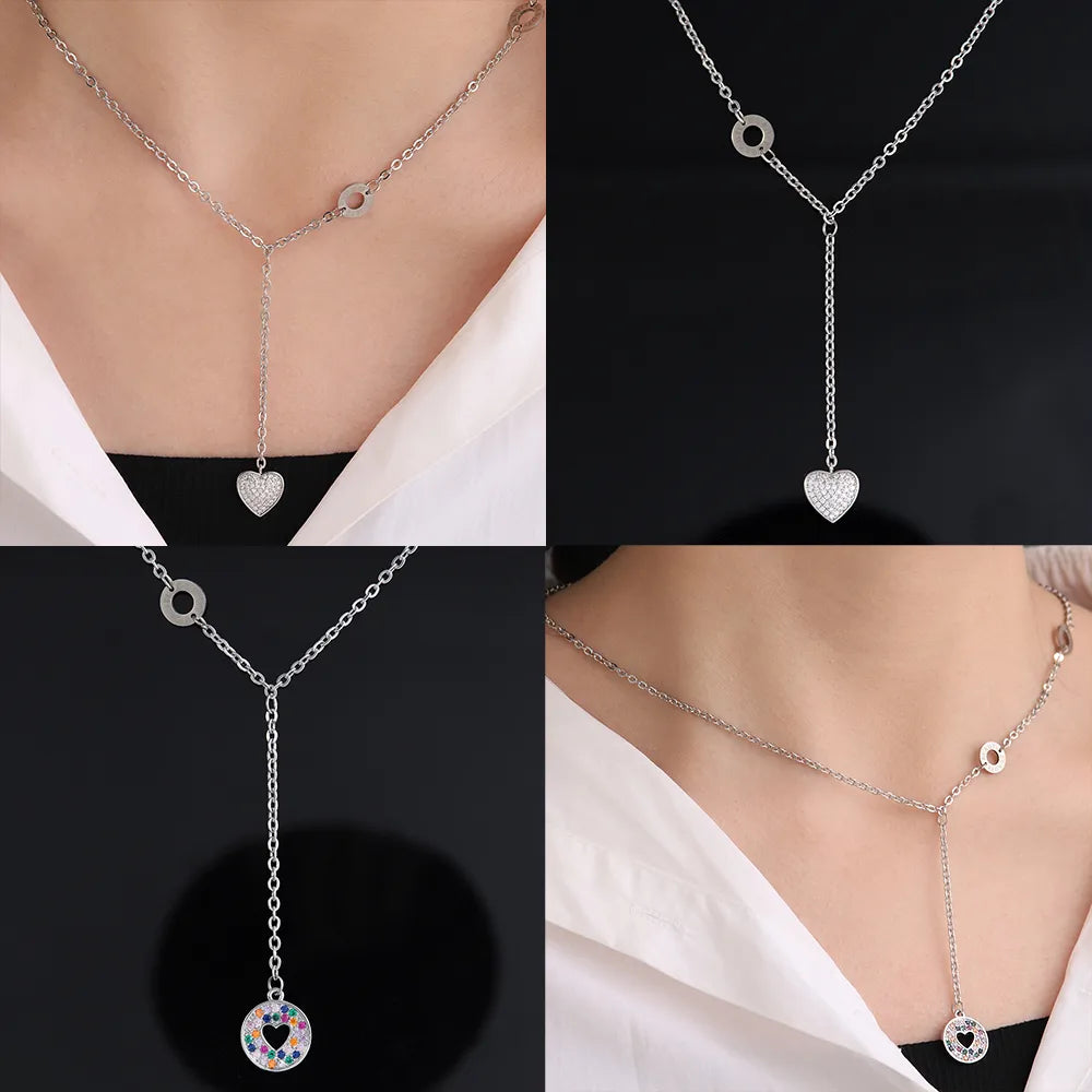 Women’s charm necklaces-304 Stainless Steel Copper White Gold Plated Elegant Streetwear Plating Inlay Round Letter Heart Shape Zircon Pendant Necklace