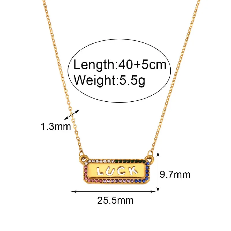 Micro inlaid LUCK rectangular brand pendant necklace - gold color