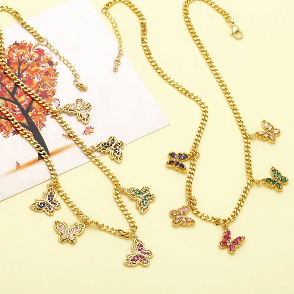 Women’s minimalistic necklaces-Hip-Hop Flower Butterfly Copper Plating Inlay Zircon 18k Gold Plated Necklace Choker