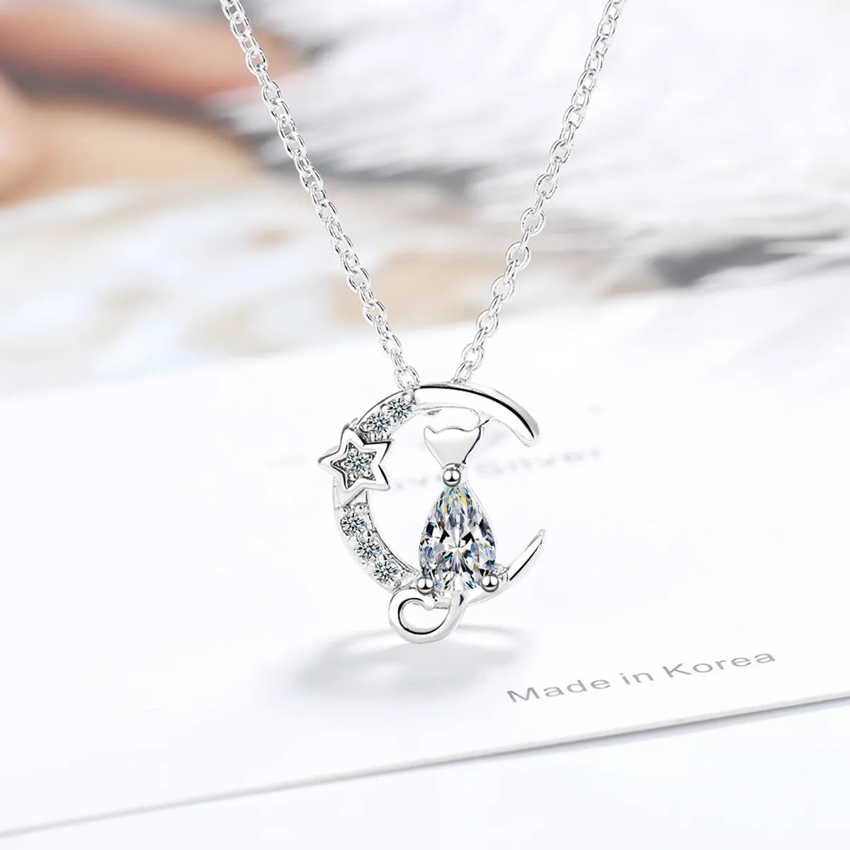 Women’s bridal necklaces-1 Piece Cute Animal Moon Cat Copper Inlay Zircon Pendant Necklace