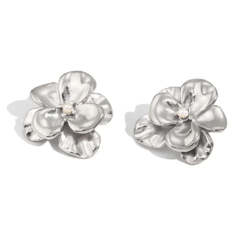 Double layered petal embellished pearl earrings - steel color