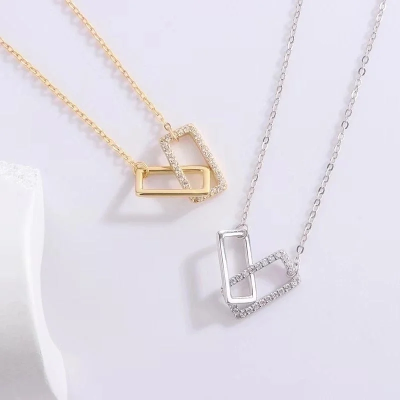 Women’s heart lockets-Modern Style Geometric Sterling Silver Plating Inlay Artificial Rhinestones 14k Gold Plated Pendant Necklace