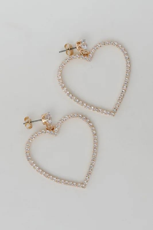 Bell earrings for women -Blake Gold Rhinestone Heart Drop Earrings