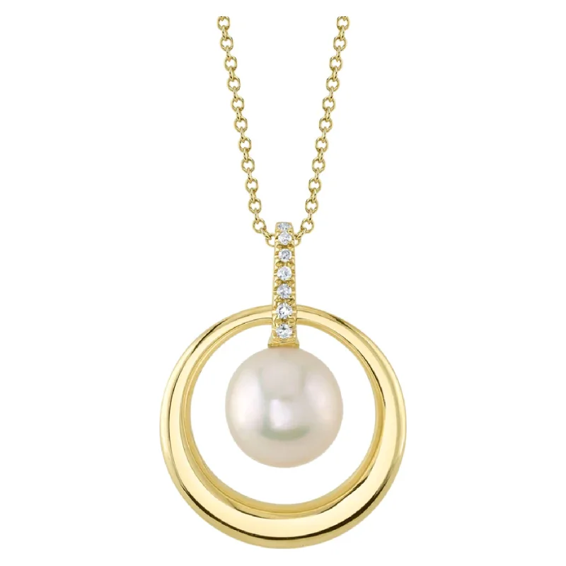 Women’s diamond necklaces-14K Yellow Gold Pearl and Diamond Circle Pendant