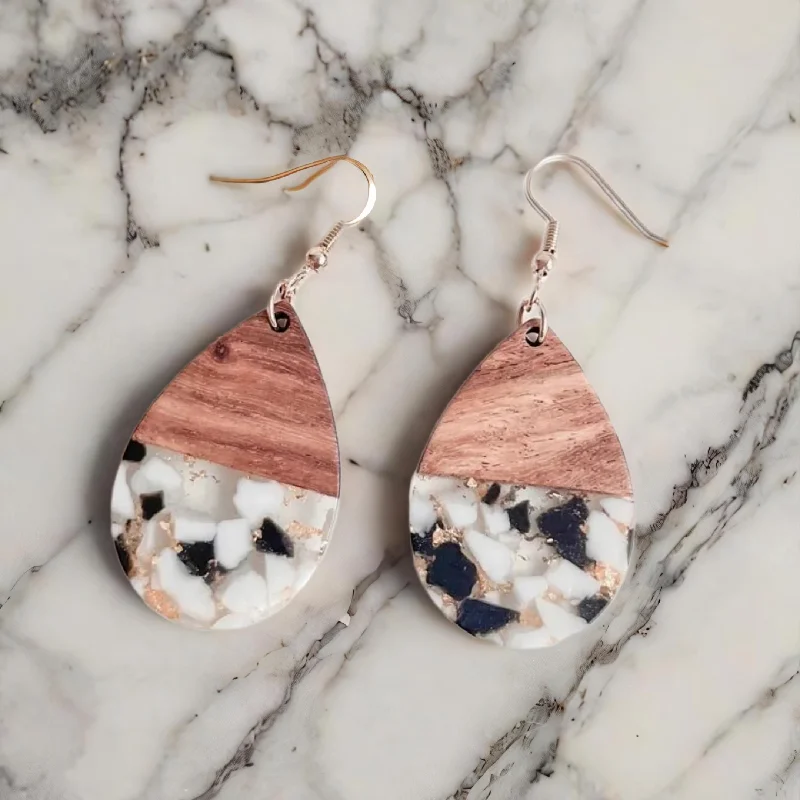 Sterling silver women's earrings -Beautiful Wood and Resin Neutral Confetti Earrings