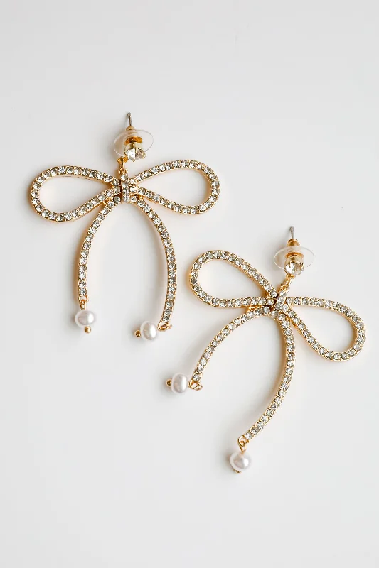 Unique women's earrings -Jenny Gold Rhinestone Bow Earrings