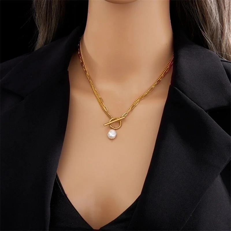 Women’s heart lockets-Basic Geometric Titanium Steel Layered Gold Plated Artificial Pearls Pendant Necklace