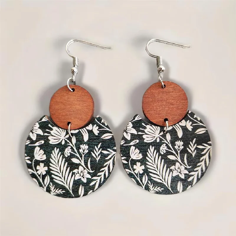 Double circle women's earrings -Beautiful Black and White Floral Wood Circle Earrings