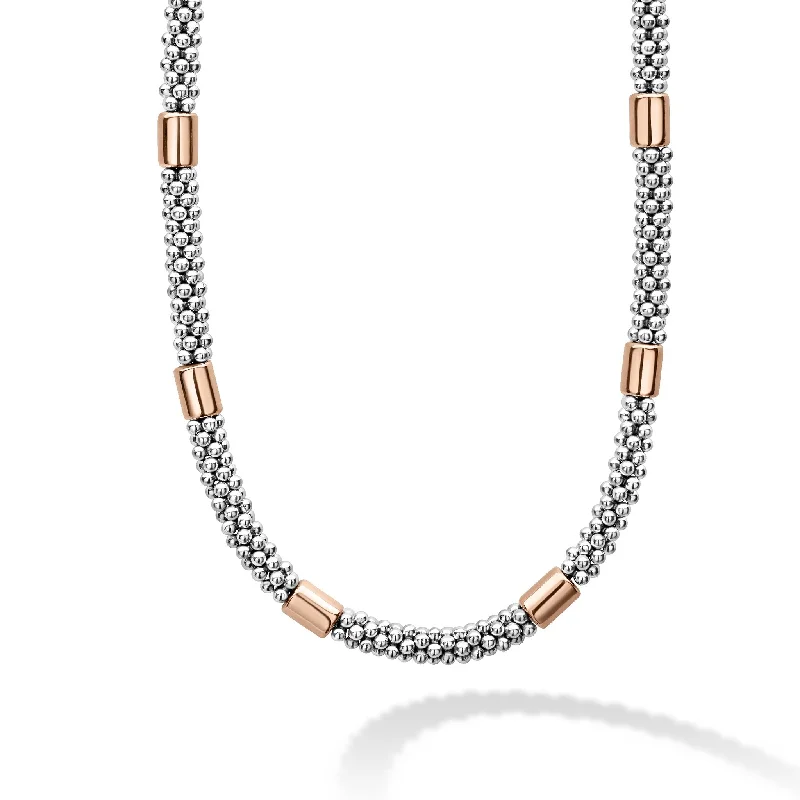 Women’s designer necklaces-Lagos 18K Rose and Sterling Silver 16" High Bar 5mm Smooth Station Necklace