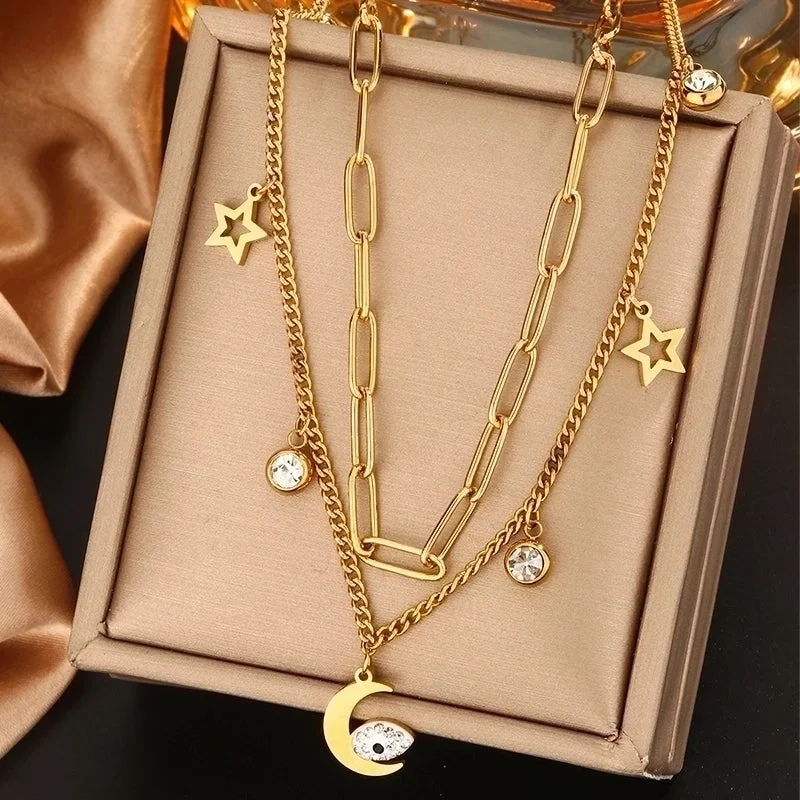 Women’s diamond necklaces-316L Stainless Steel  18K Gold Plated Vintage Style Commute Plating Inlay Devil's Eye Star Moon Turquoise Rhinestones Layered Necklaces