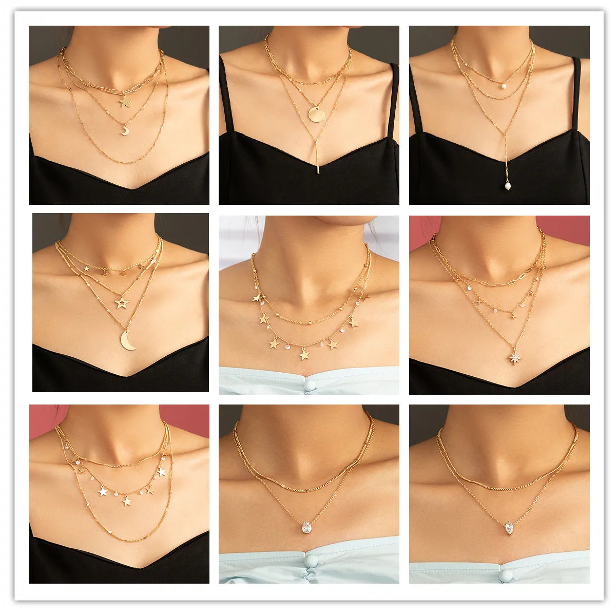 Women’s layered gold necklaces-Fashion Star Moon Copper Hollow Out Zircon Layered Necklaces 1 Piece