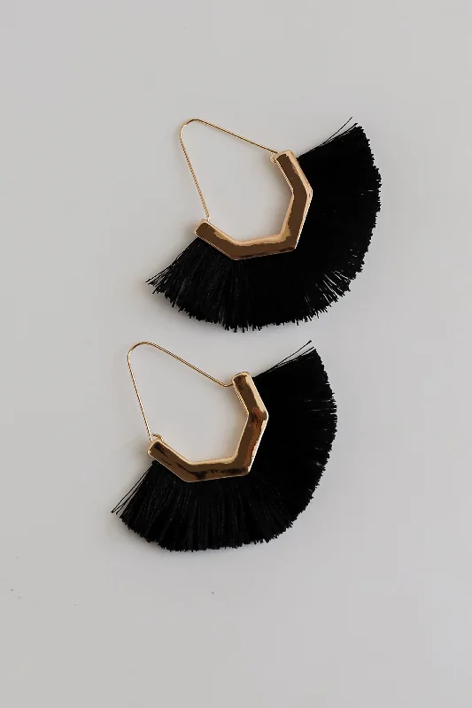 Silver hoop earrings for women -Teagan Black Fringe Statement Earrings