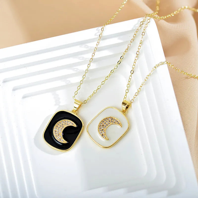 Women’s dainty necklaces-Elegant Moon Copper Enamel Plating Inlay Zircon Gold Plated Pendant Necklace