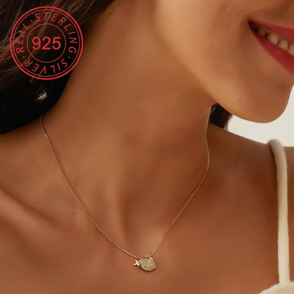 Women’s gold heart necklaces-Sterling Silver 14K Gold Plated Simple Style Commute Inlay Circle Star Shell Zircon Pendant Necklace