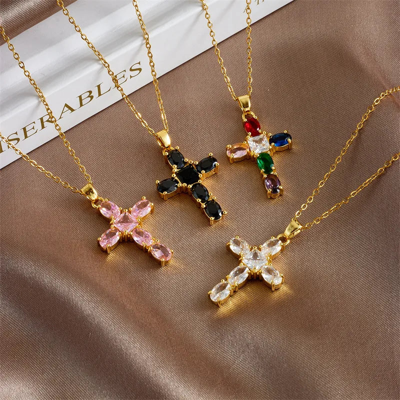 Women’s crystal necklaces-Copper Gold Plated Basic Modern Style Classic Style Plating Inlay Geometric Cross Rhinestones Pendant Necklace