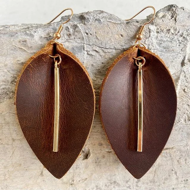 Customizable women's earrings -Genuine Leather Leaf Earrings with Gold Bar