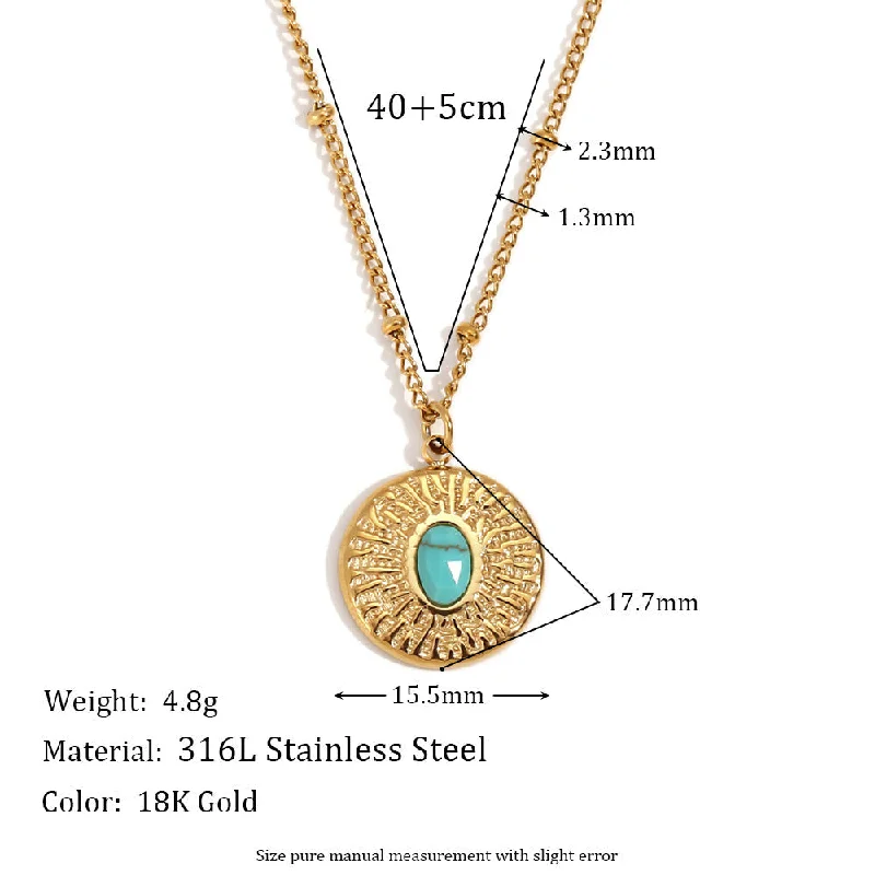 Beat Pattern Turquoise Round Card Necklace - Gold