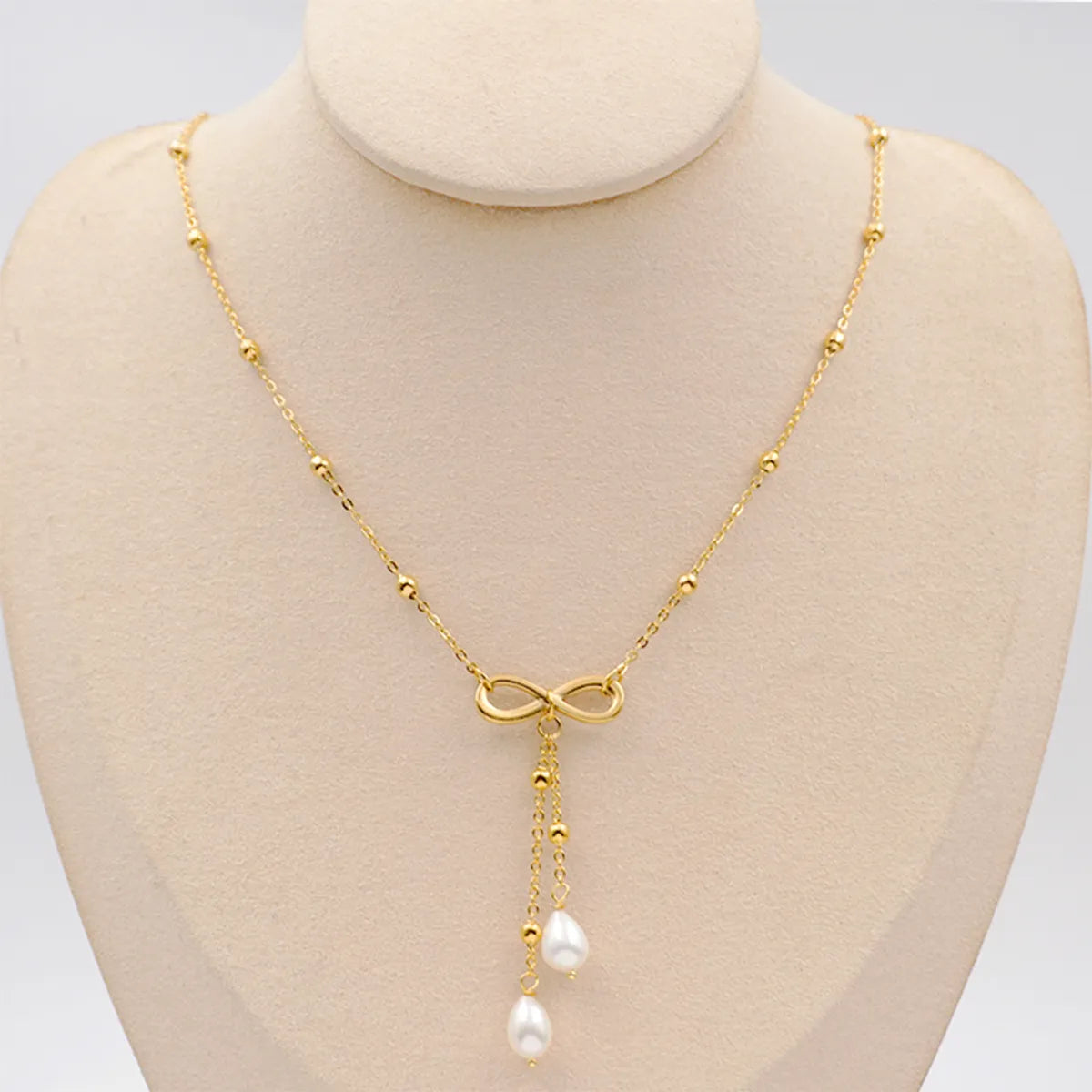 Women’s custom necklaces-304 Stainless Steel Freshwater Pearl Titanium Steel Gold Plated Cute Simple Style Bow Knot Freshwater Pearl Pendant Necklace